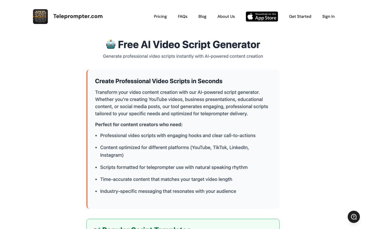 Teleprompter.com Free AI Video Script Generator page listing script types for YouTube, presentations, and social posts
