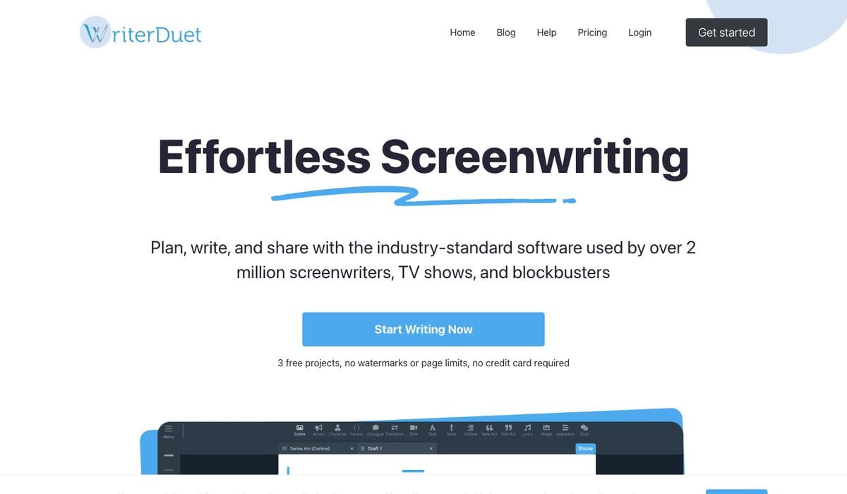 WriterDuet homepage with the Effortless Screenwriting headline and a Start Writing Now button