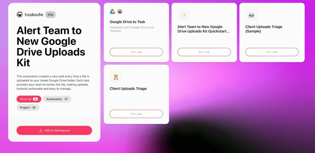 Alert Team to New Drive Uploads Kit in Taskade.
