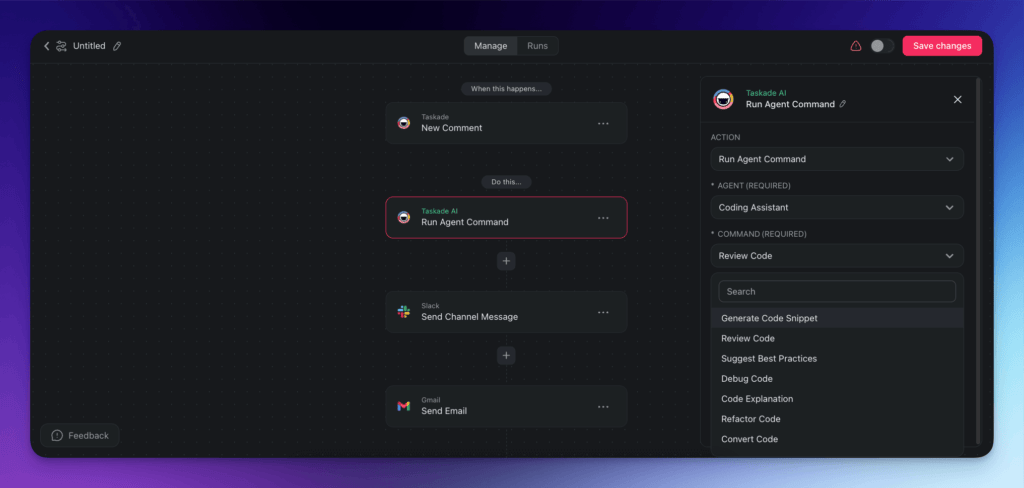 An Automation flow in Taskade featuring a Coding Assistant agent with additional actions and triggers.