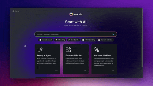 Taskade interface showing AI agents, projects, and automations being created automatically from a single user prompt in a workspace.