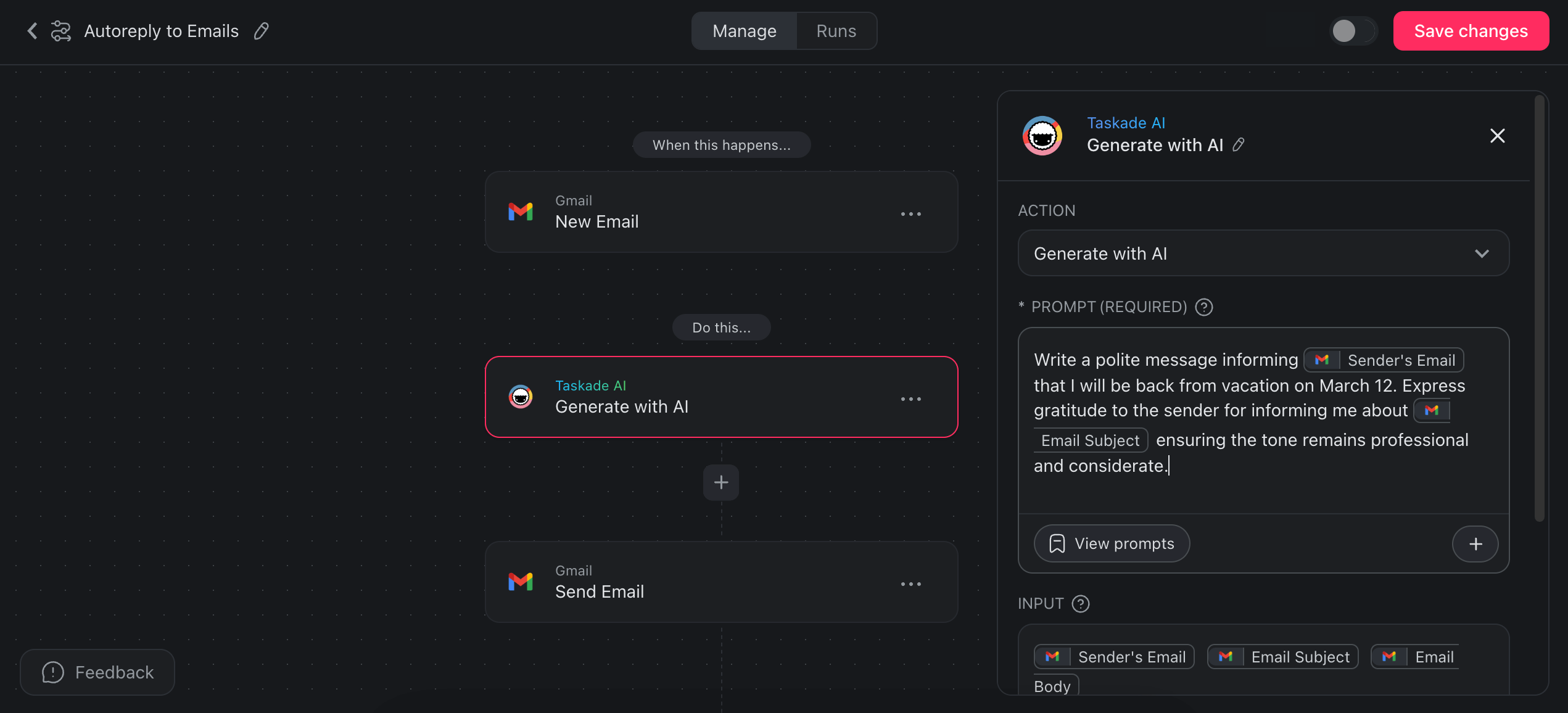 An email automation flow that uses Taskade AI to generate replies to emails.