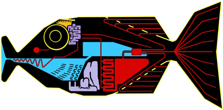 Babel fish in neon colors against a dark background, digital art generated by artificial intelligence.