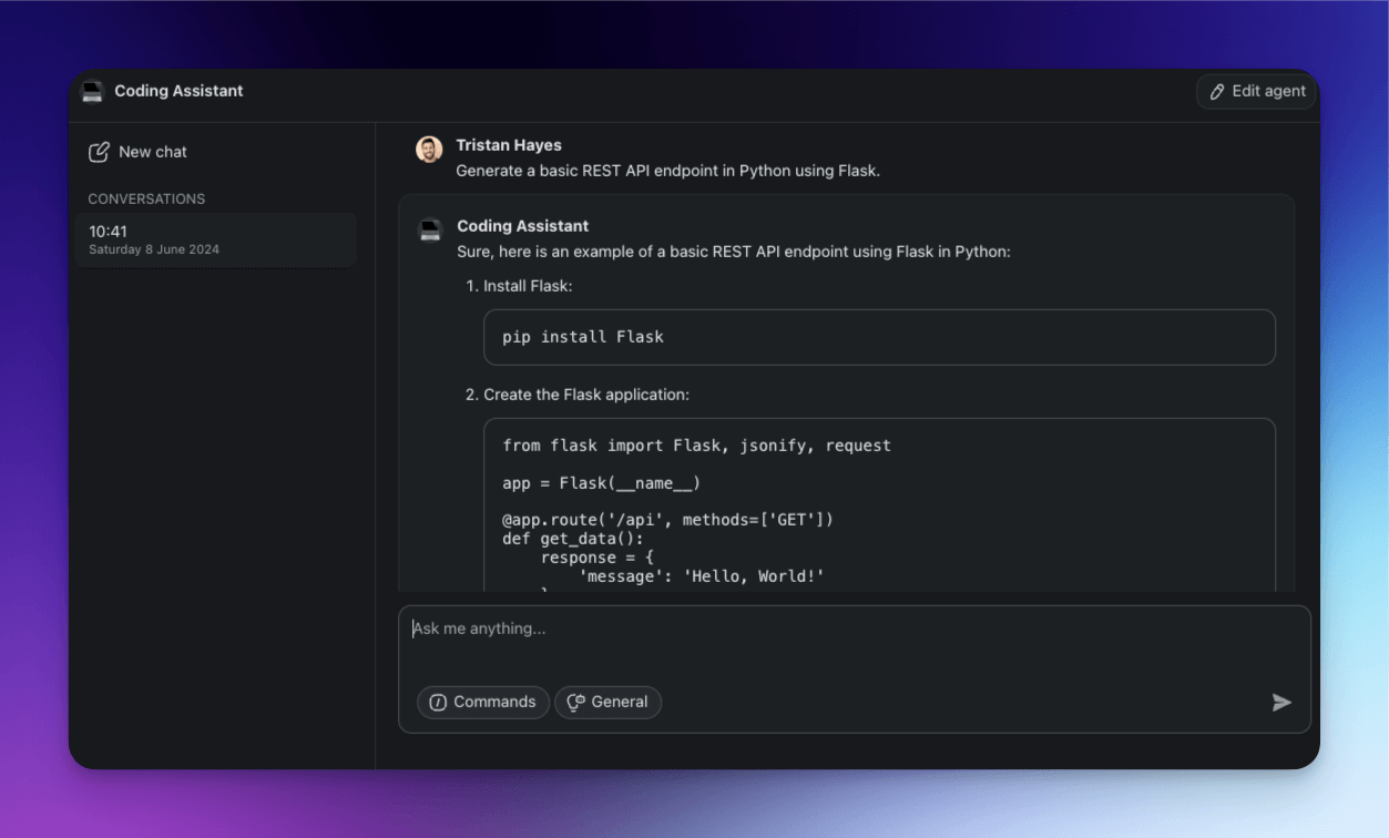 A Code Assistant agent generating a REST API endpoint in Taskade.