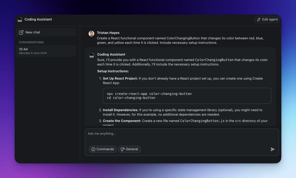 A Code Assistant agent generating a React component in Taskade.