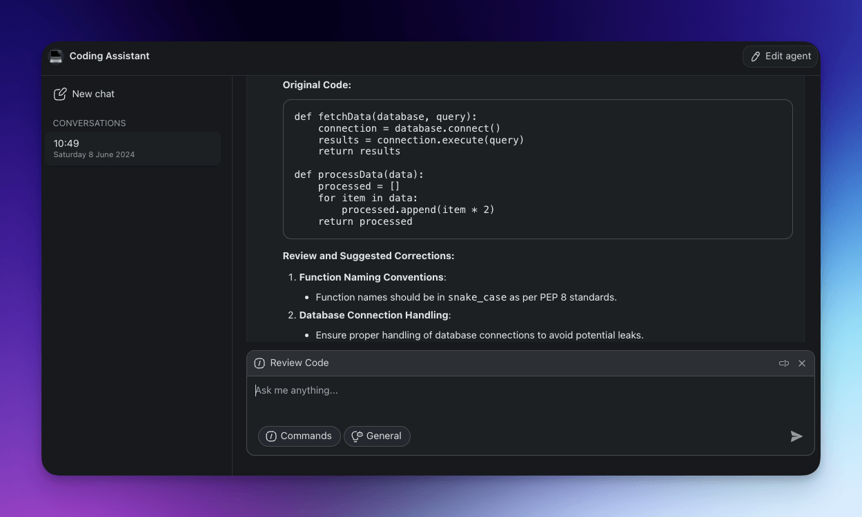 A Code Assistant agent reviewing code.