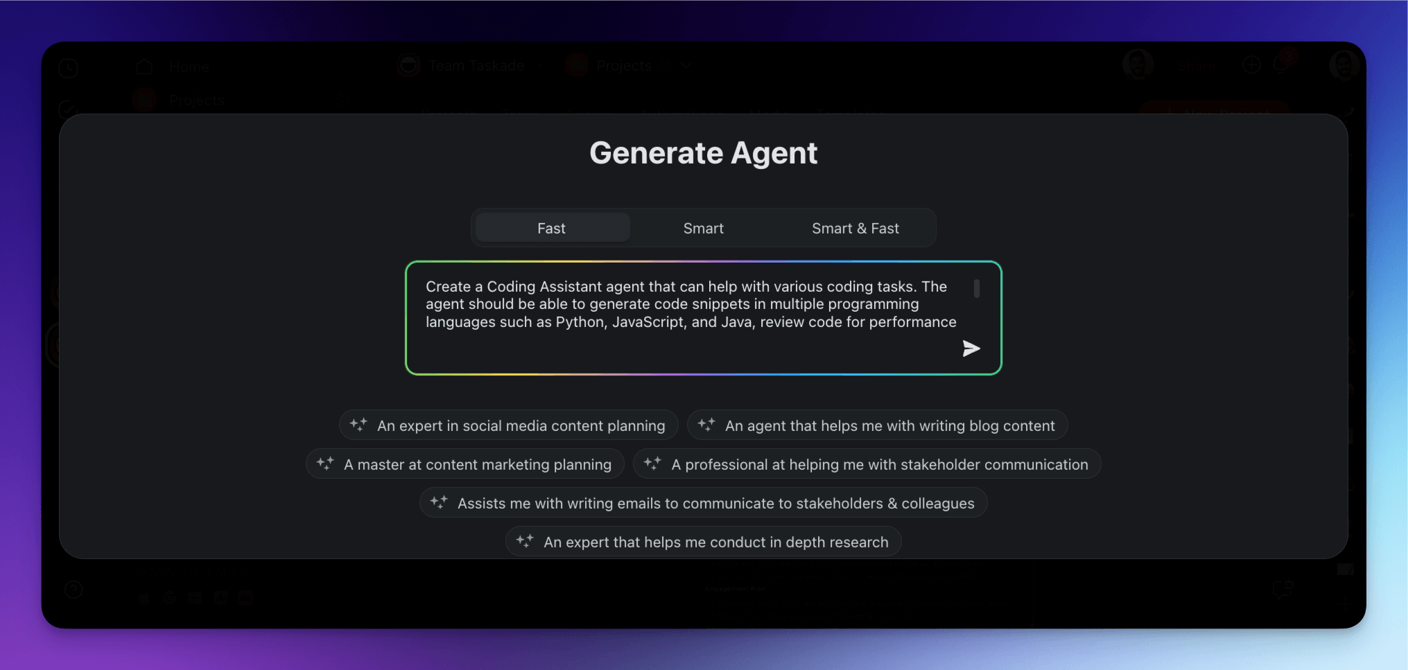 The AI Agent Generator in Taskade.