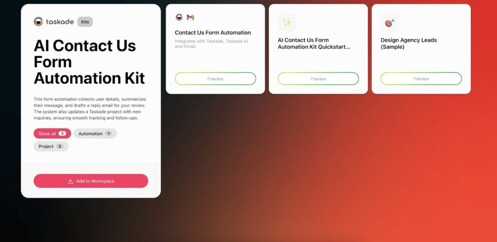 Screenshot of the Contact Form Automation Kit turning inbound form submissions into assigned tasks in Taskade.