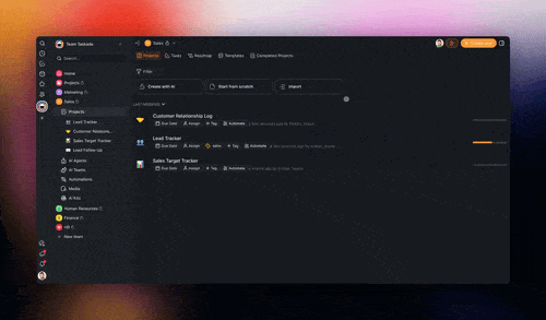 User importing a CSV file into Taskade and converting it into a dynamic table with mapped custom fields and built-in automation support.