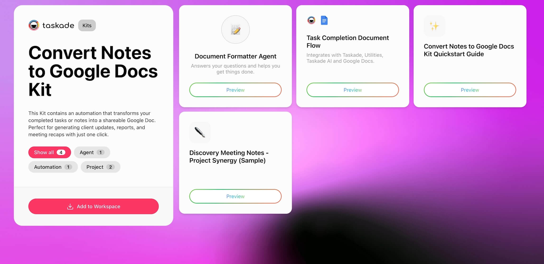 Convert Notes to Google Docs Kit in Taskade