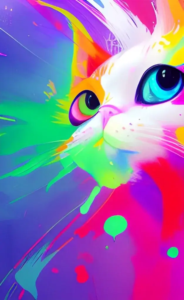 An AI-generated abstract art piece featuring a cat formed from a dynamic array of vibrant colors.