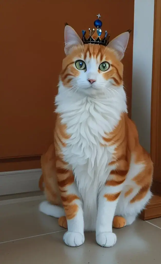 An AI-generated image of a regal brown and white cat, wearing a crown and and staring directly at the viewer.