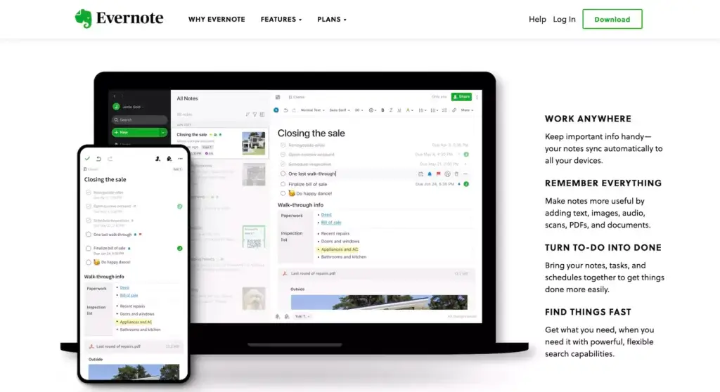 Evernote user interface.