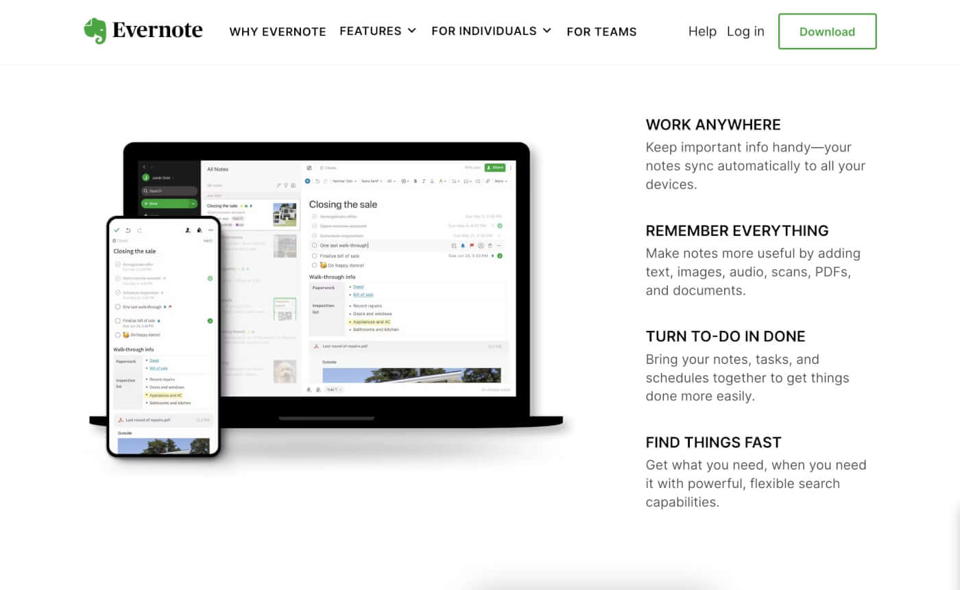 Evernote user interface.
