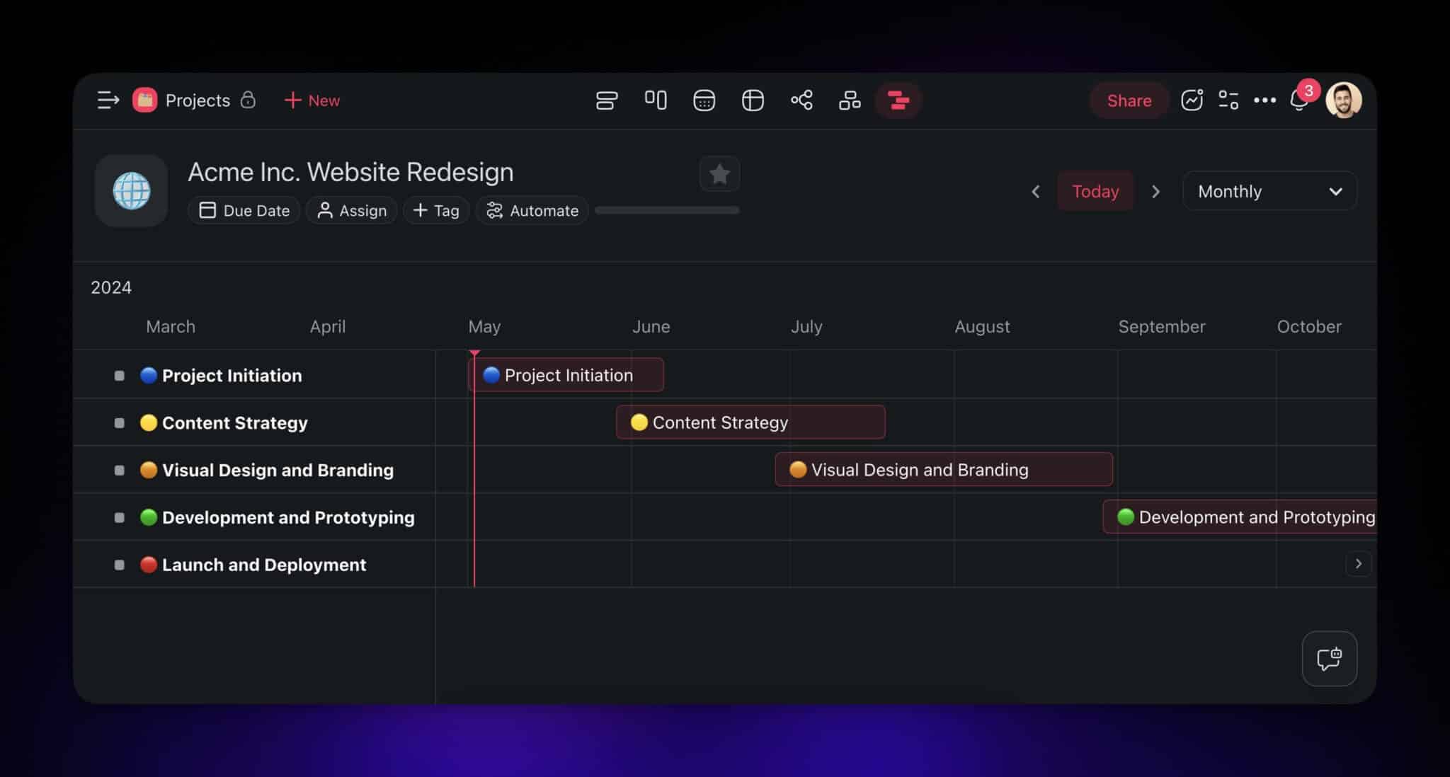 The Gantt Chart view in Taskade with project tasks visible on a timeline.