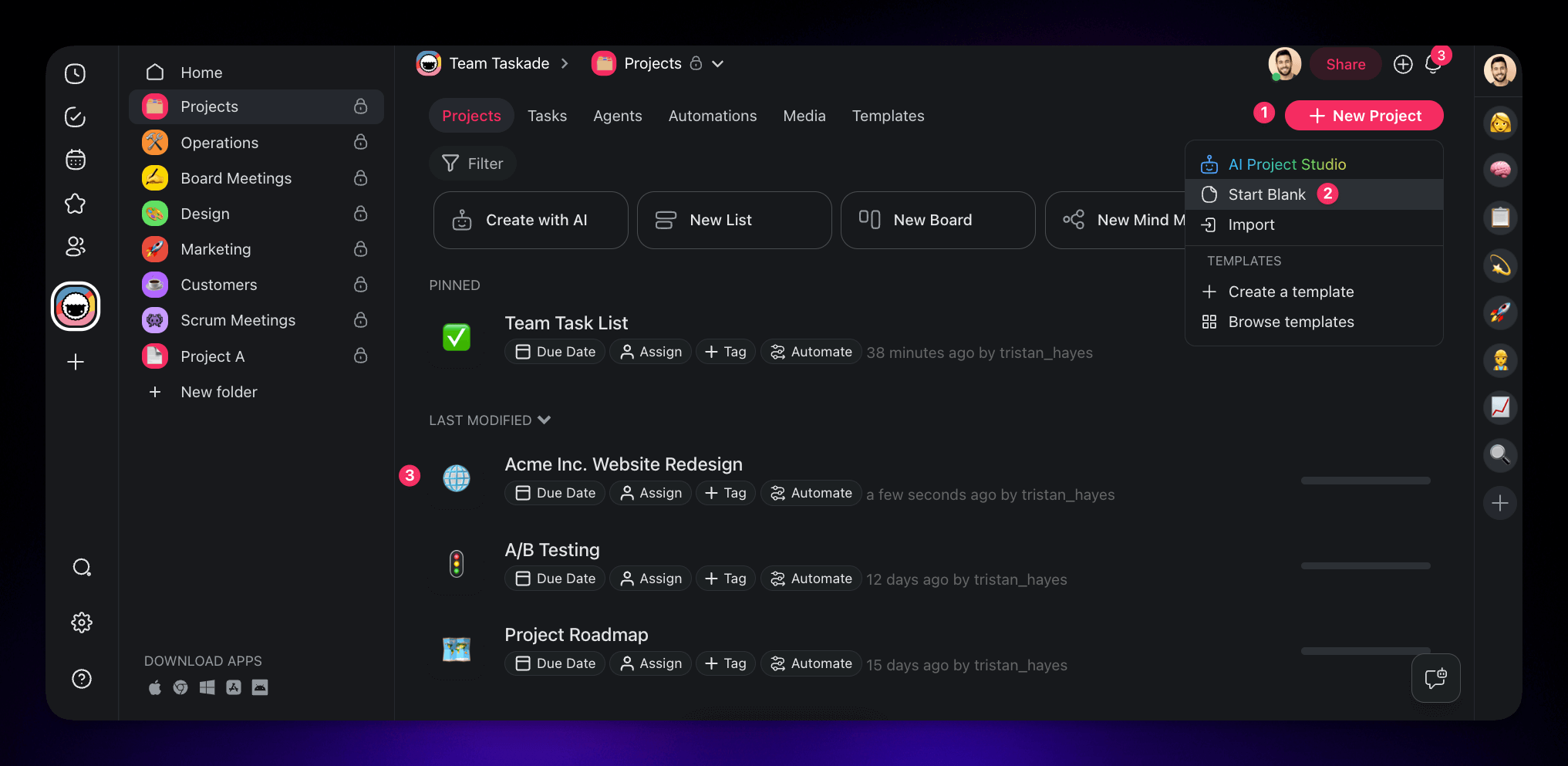 A Taskade workspace with a list of projects and a project creation options in the top-right.
