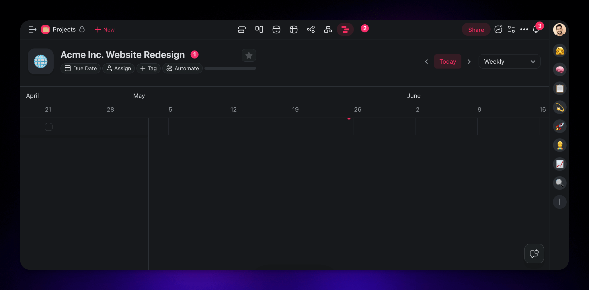 An empty Gantt chart inside a Taskade project.