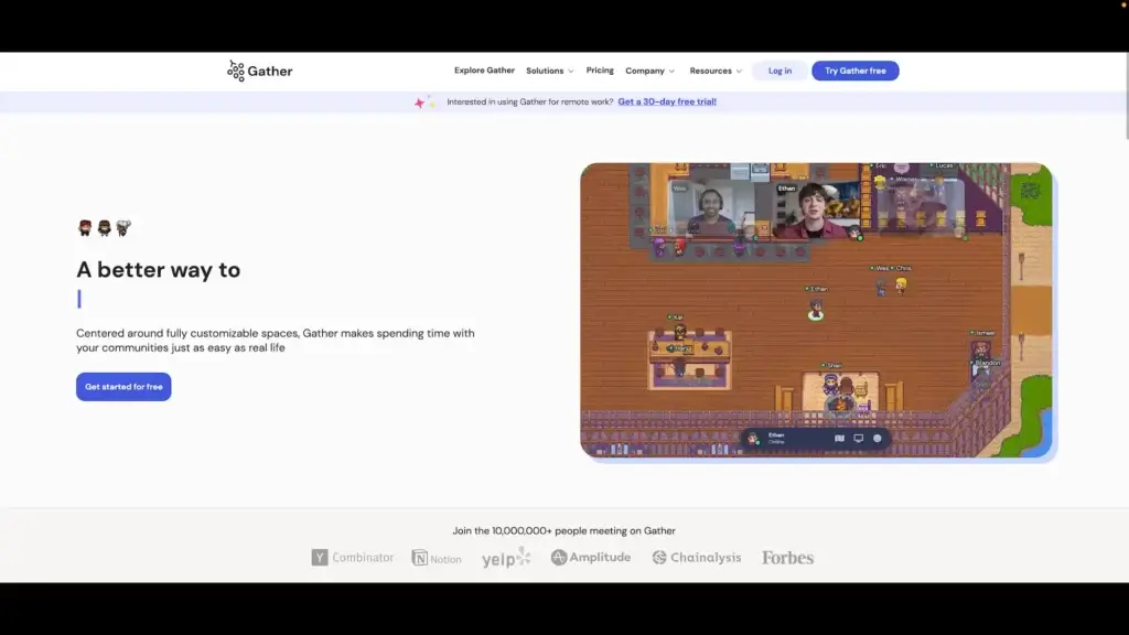 Gather.town user interface screenshot showing video conferencing features.