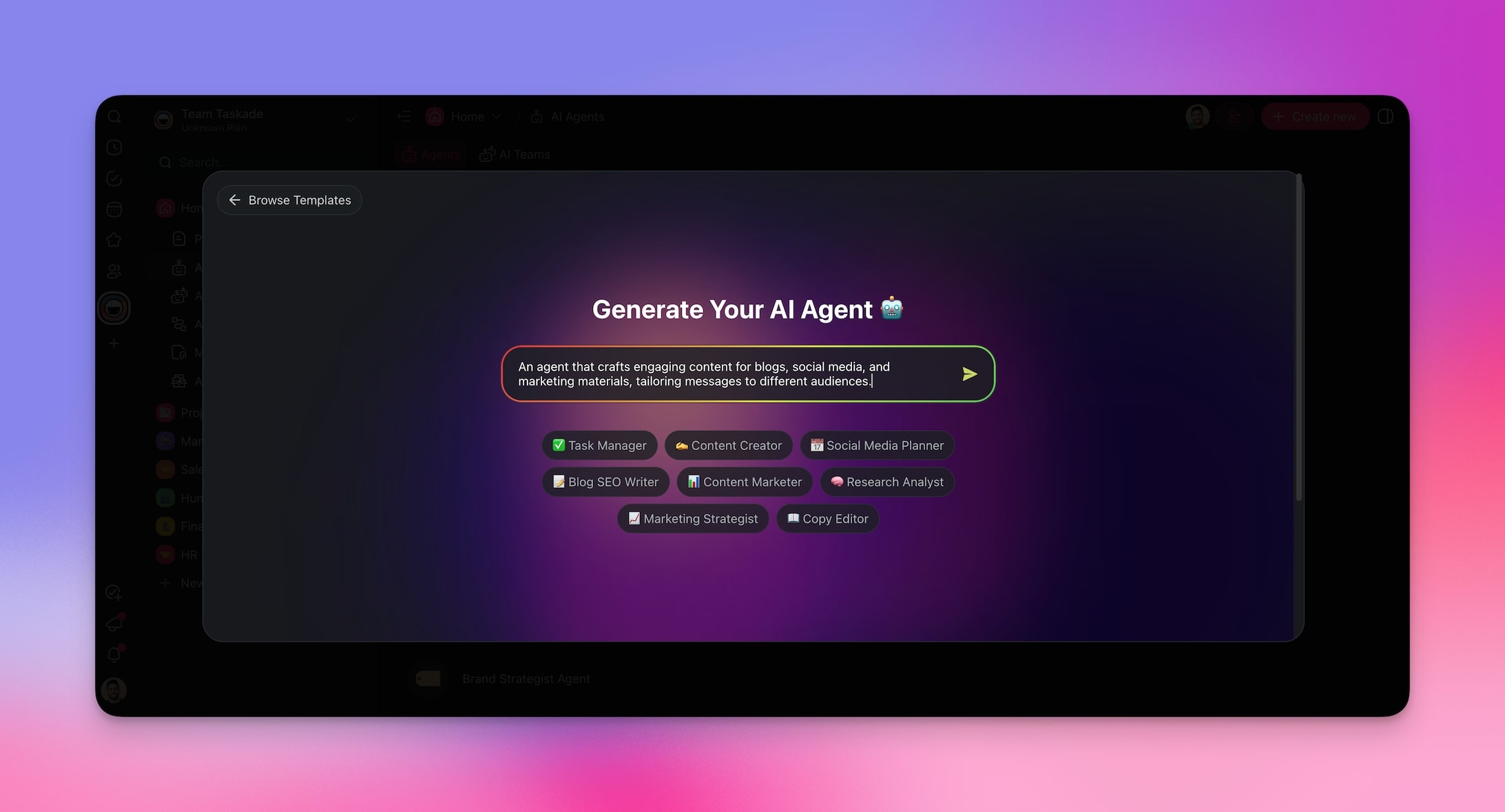 Taskade AI Agent Generator interface.