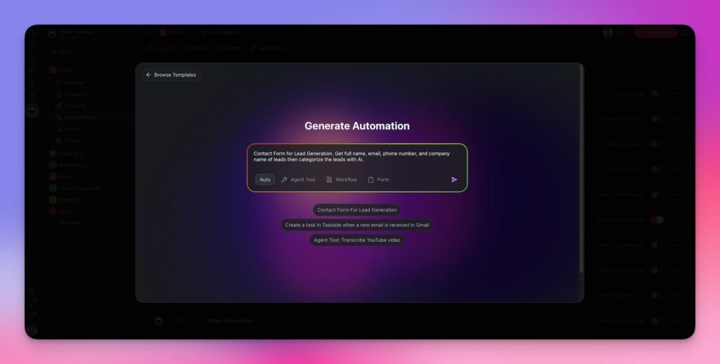 Taskade AI Automation Generator interface.