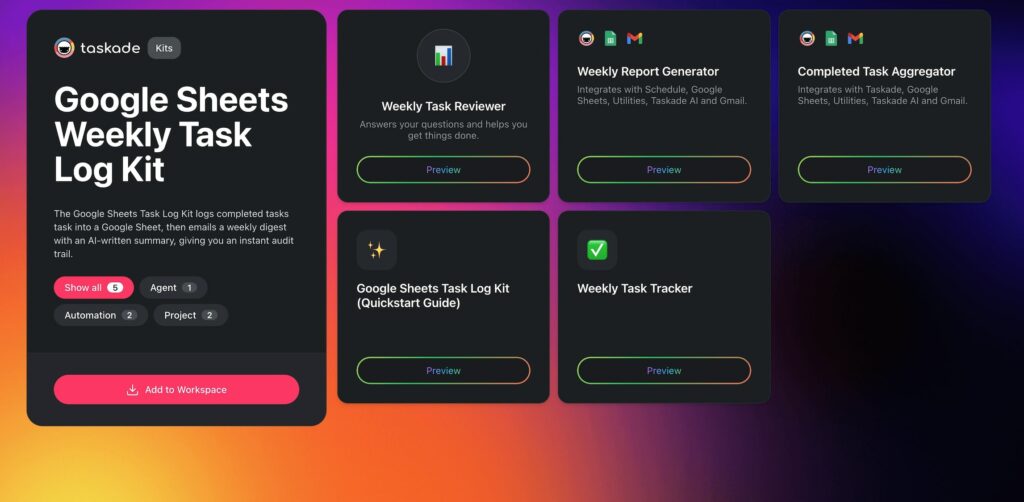 Google sheets weekly task log kit