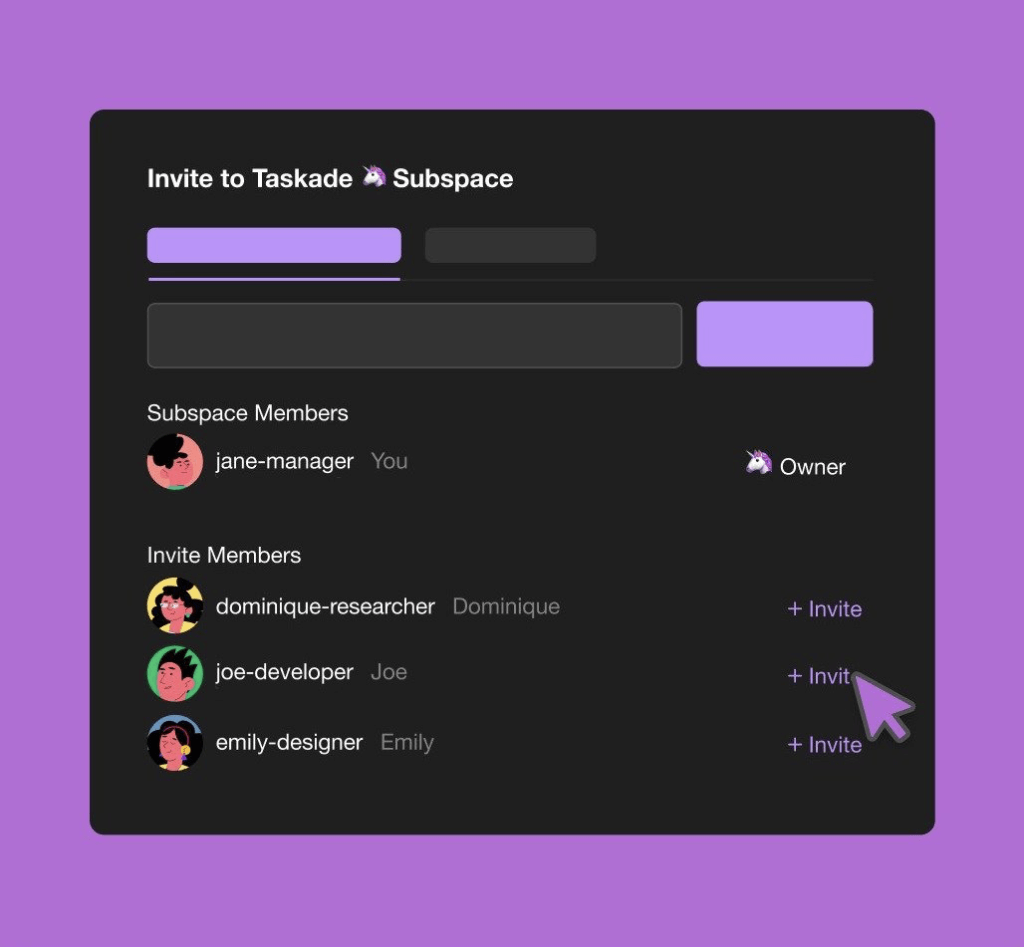 Taskade Project Sharing pop-up menu.