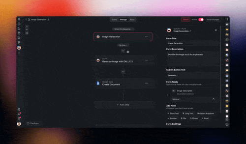 User entering a text prompt in Taskade to generate an AI-created image using DALL·E 3 for blog posts and social media content.