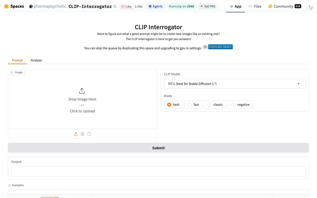 CLIP Interrogator Hugging Face Space with image upload, CLIP model menu, and best, fast, classic, and negative modes