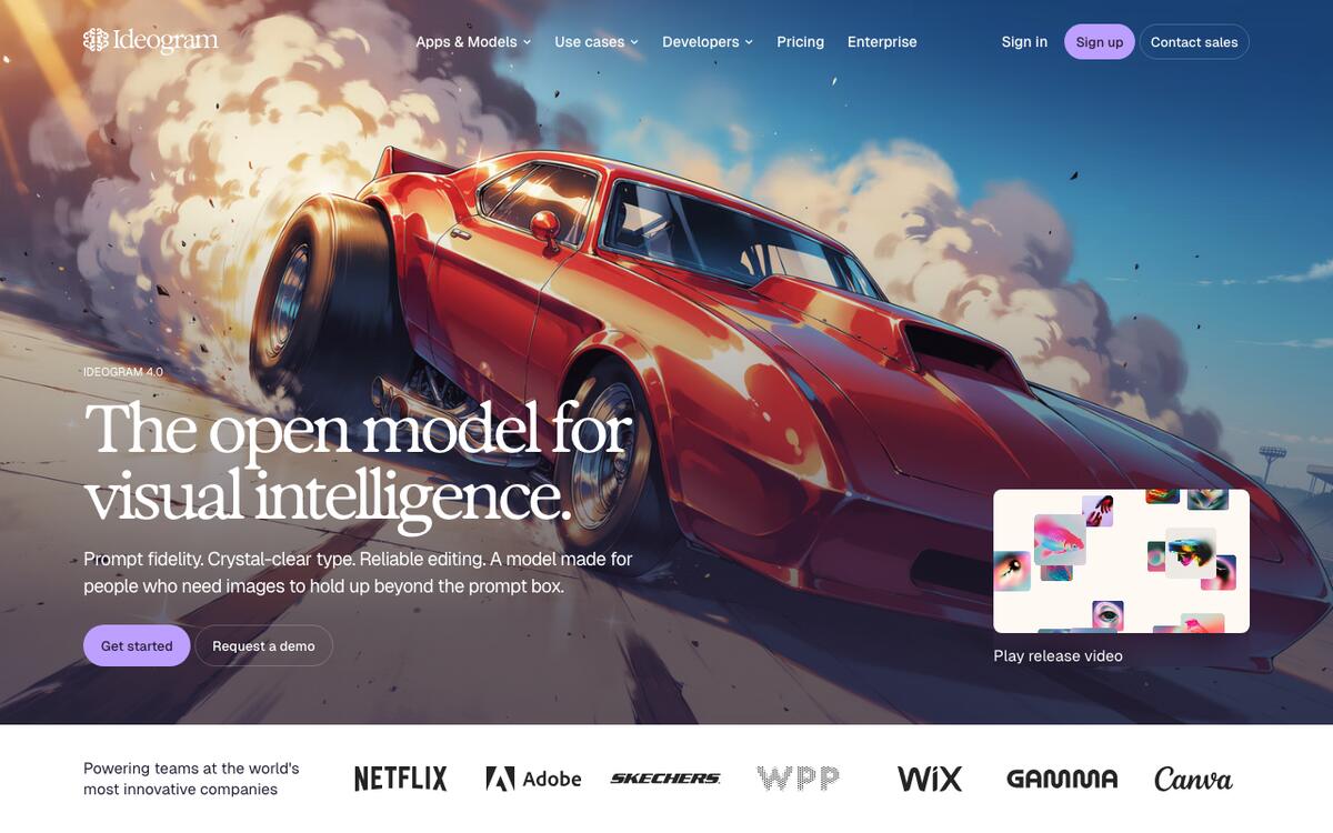 Ideogram homepage announcing Ideogram 4.0 with a red muscle car illustration