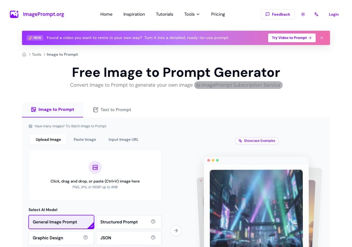 ImagePrompt.org Free Image to Prompt Generator page with upload box and Select AI Model options