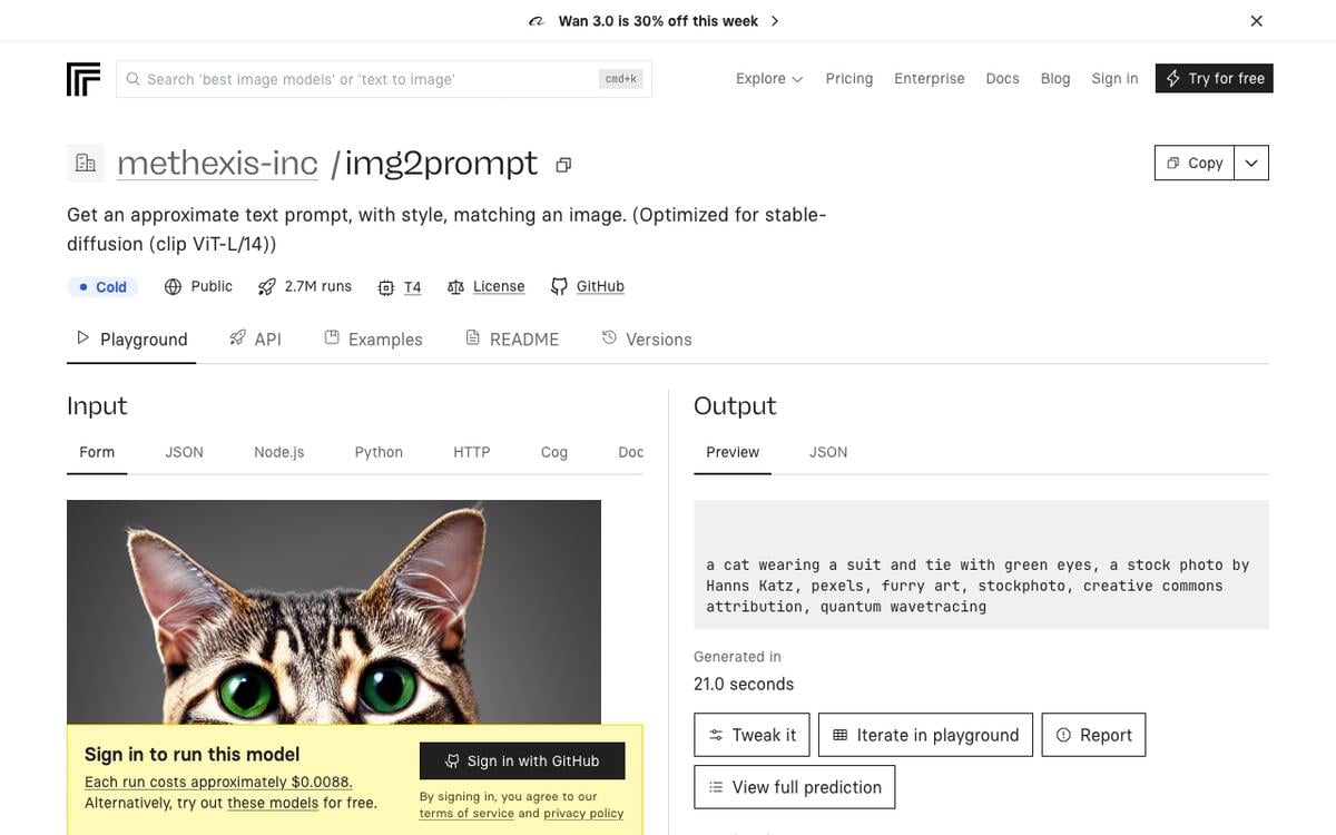 img2prompt model page on Replicate showing a cat photo input and a text prompt output
