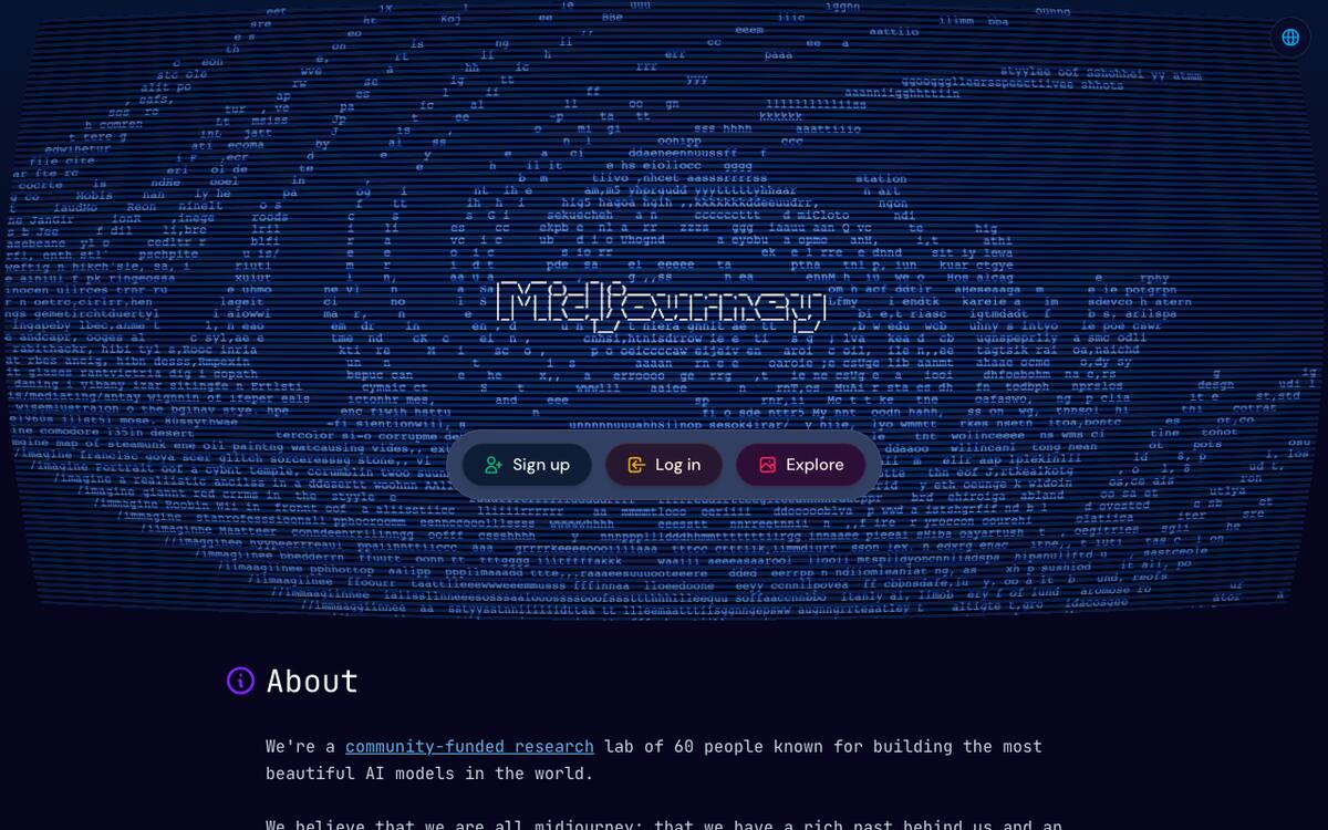 Midjourney homepage with sign up, log in, and explore buttons over a text-art logo