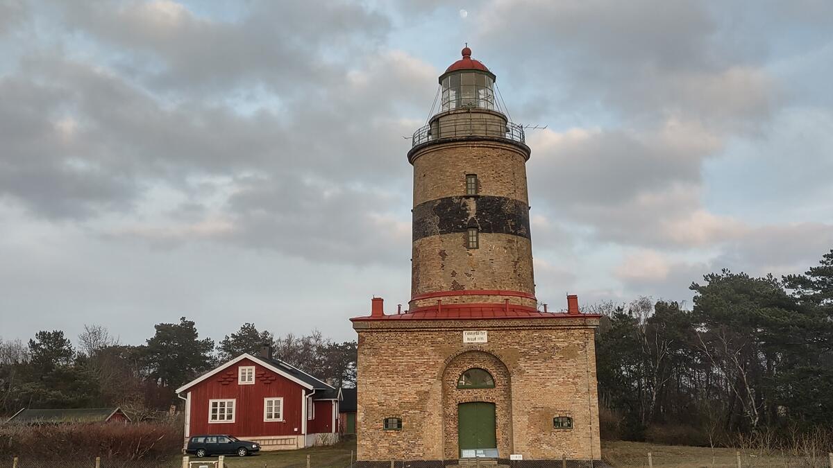 Falsterbo lighthouse in Sweden, a brick tower with a dark band and a red lantern cap, beside a red wooden house under an overcast sky, used as the image to prompt test photo