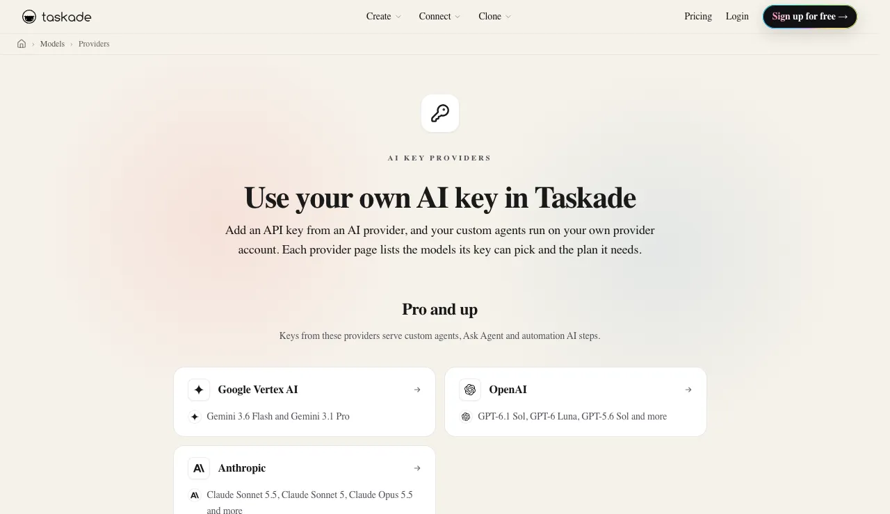 The AI key providers page in Taskade, which groups each provider by the plan its key needs and lists the models each key can pick