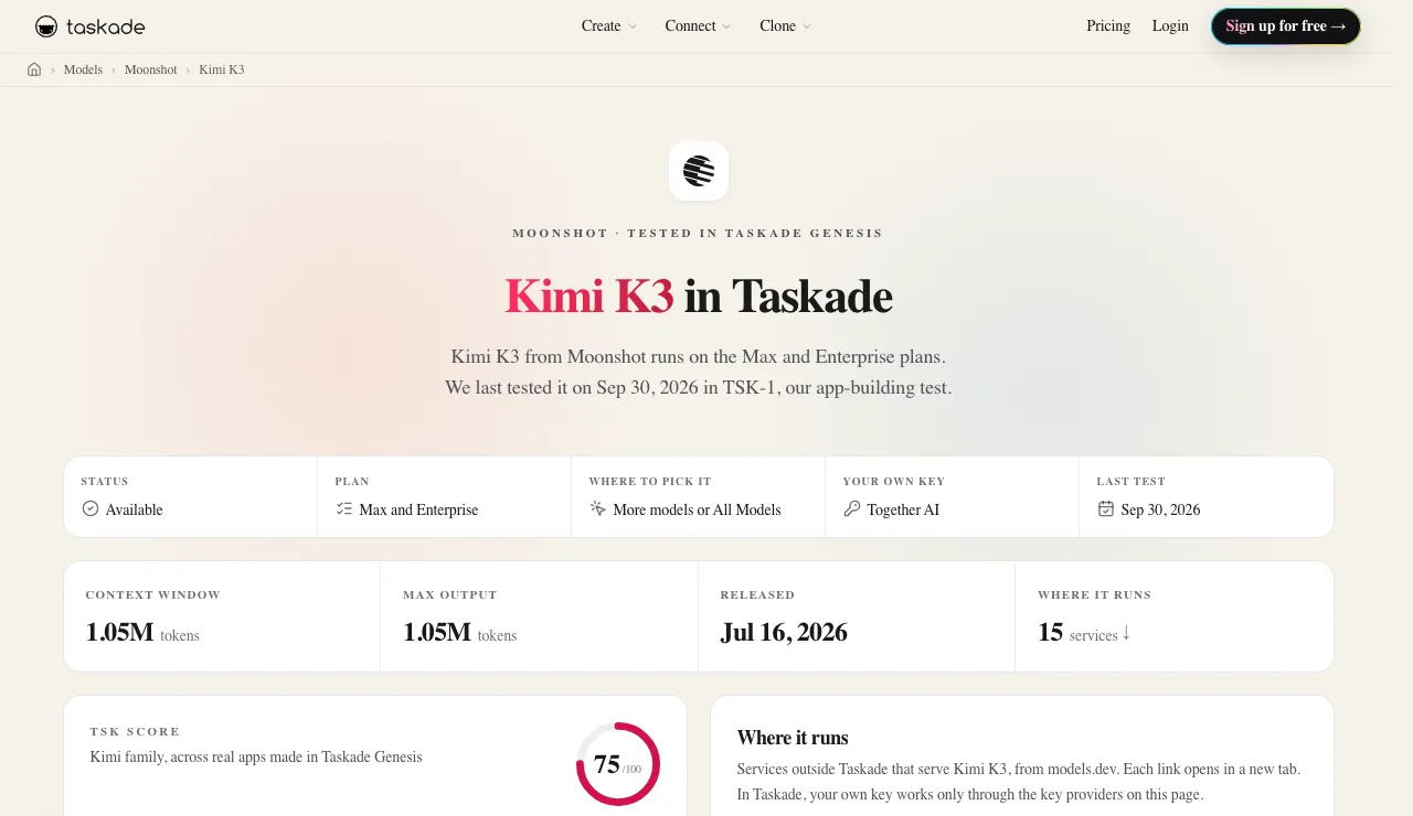Kimi K3 model page in Taskade showing its plan, where to pick it, the Together AI key that can serve it, its 1.05M-token context window, and its TSK score