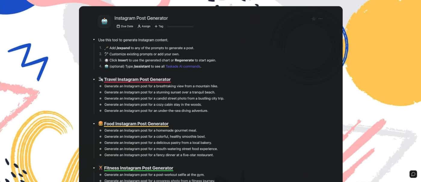 Instagram post generator in Taskade.