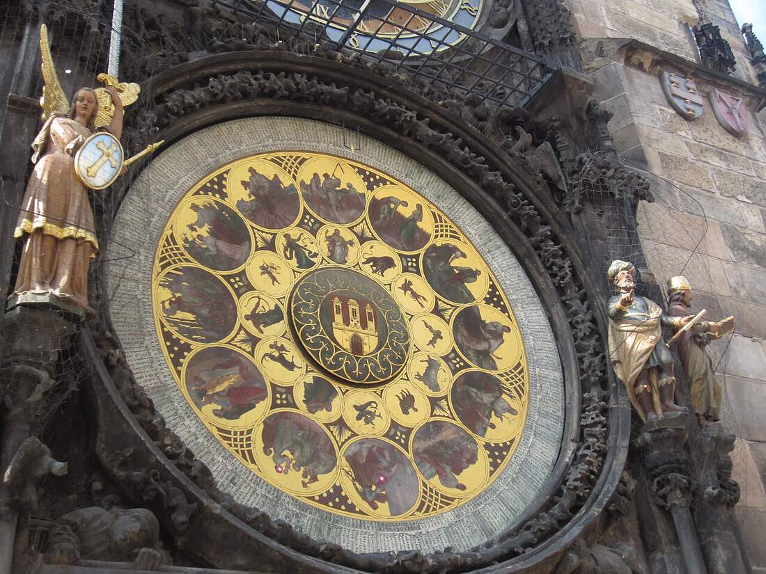 Prague Astronomical Clock showing layered time, calendar, and astronomical faces on one machine