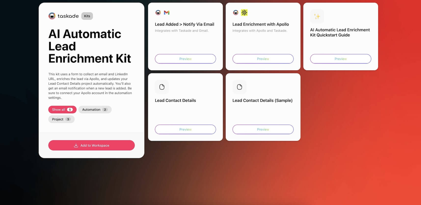 Screenshot of the AI Lead Enrichment Kit showing enriched contact data from Apollo and CRM update in Taskade.