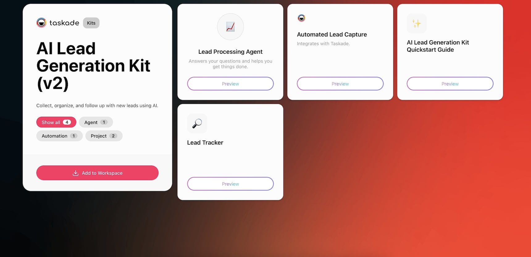 Screenshot of the AI Lead Generation Kit showing lead capture workflow with project layout and automations in Taskade.