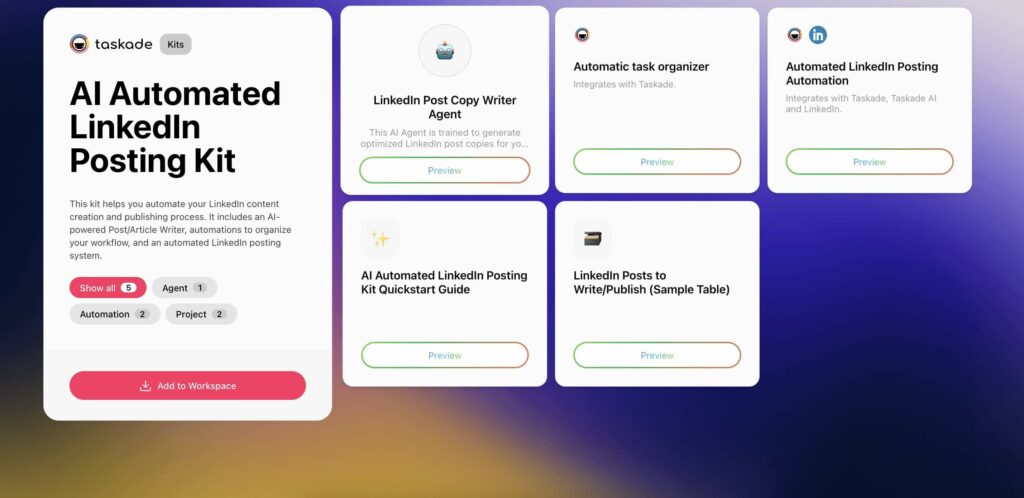Screenshot of Taskade’s AI LinkedIn Posting Kit interface with a sample project table, automated post organizer, and AI writing agent setup.