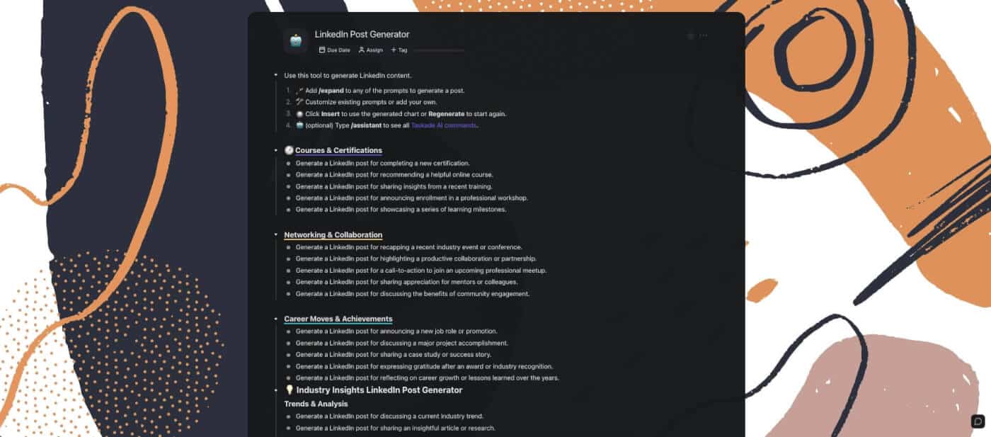 LinkedIn post generator in Taskade.