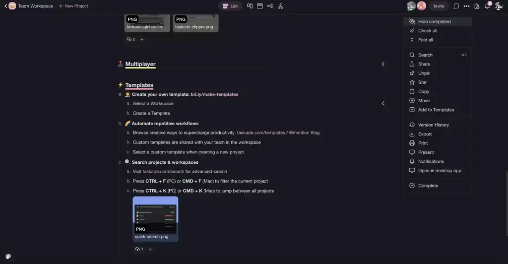 A Taskade project in a list view.