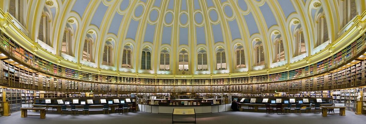 The British Museum Reading Room, a domed 19th-century research library where scholars once reviewed related literature by hand