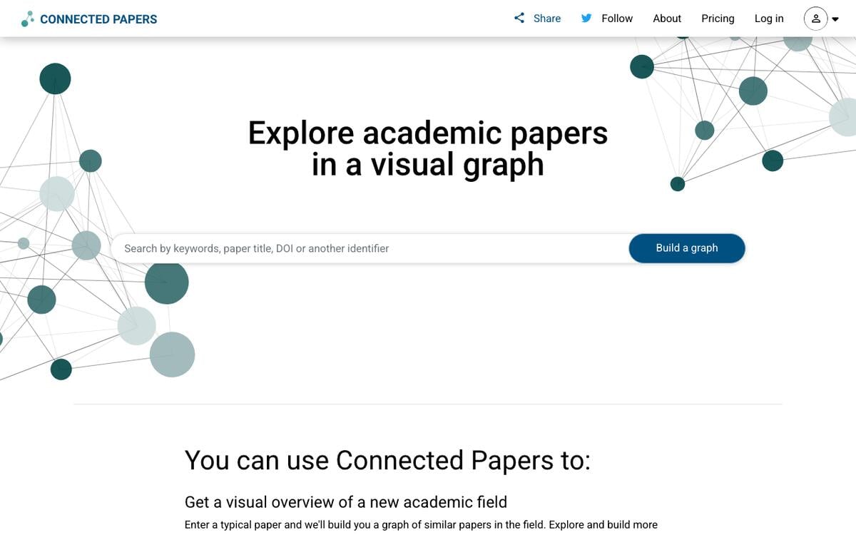Connected Papers homepage reading Explore academic papers in a visual graph, with a Build a graph search box