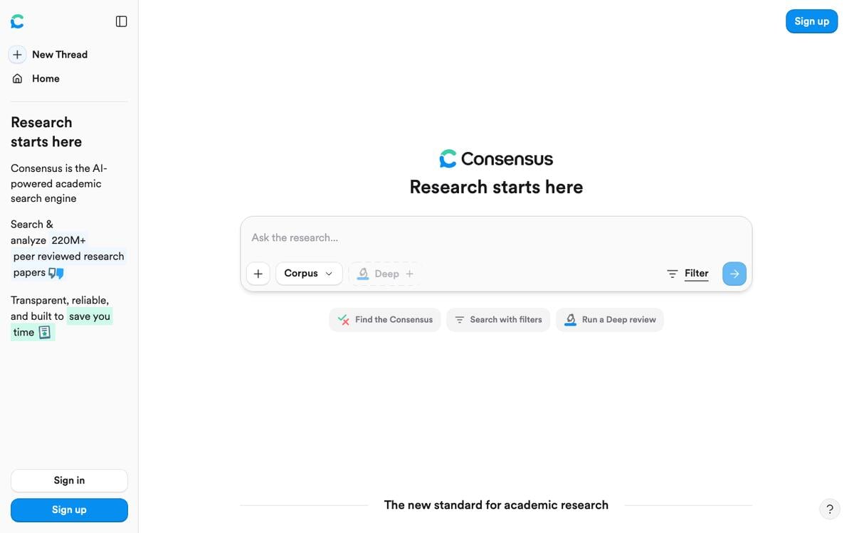 Consensus search page reading Research starts here, with a question box and Corpus and Deep review options