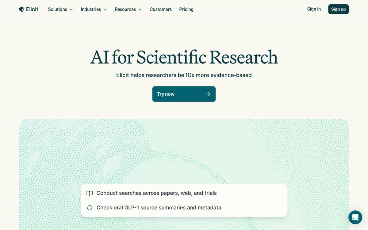 Elicit homepage with the headline AI for Scientific Research and a Try now button