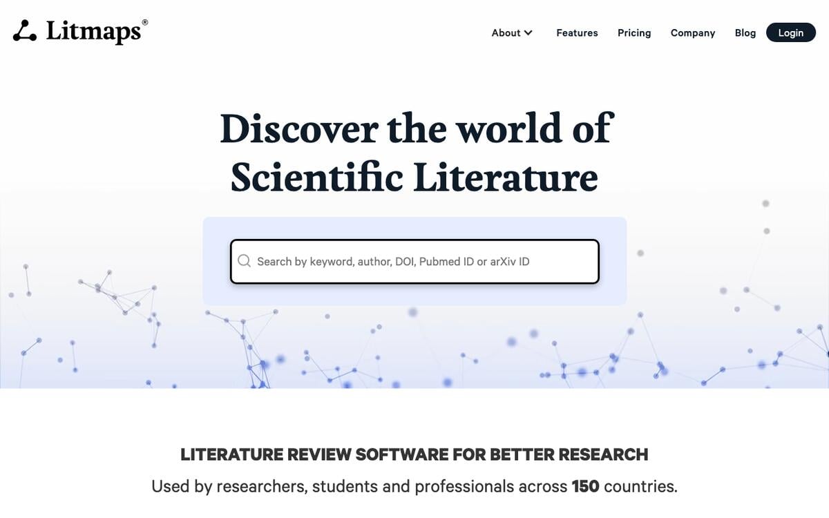 Litmaps homepage with the headline Discover the world of Scientific Literature and a search box for keyword, author, DOI, PubMed ID, or arXiv ID