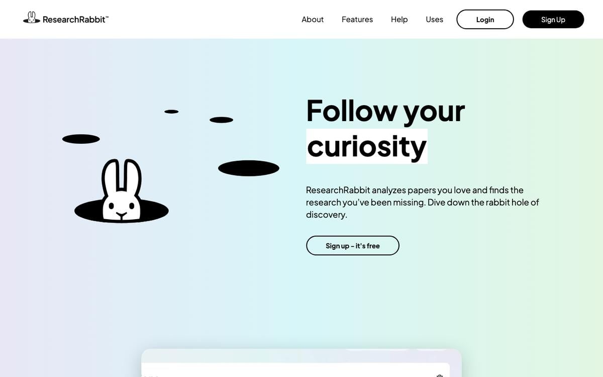 Research Rabbit homepage with the headline Follow your curiosity and a Sign up, it is free button