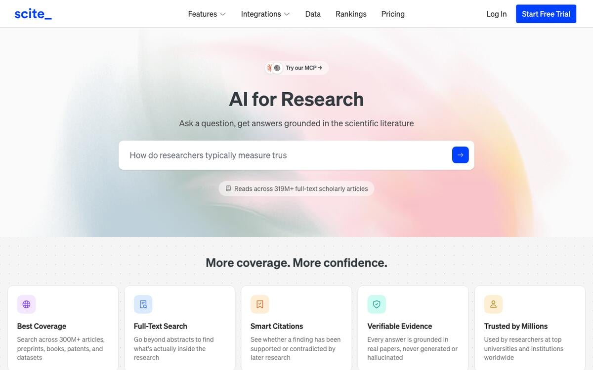 Scite homepage with the headline AI for Research and a note that it reads across 319 million full-text scholarly articles