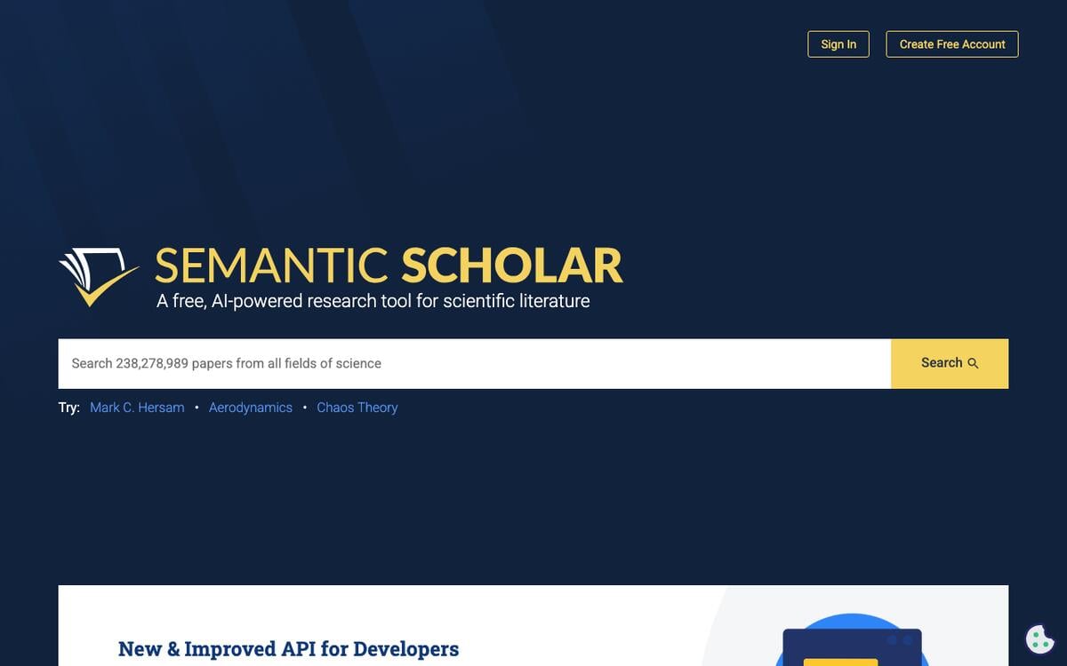 Semantic Scholar homepage with a search box that counts 238,278,989 papers from all fields of science